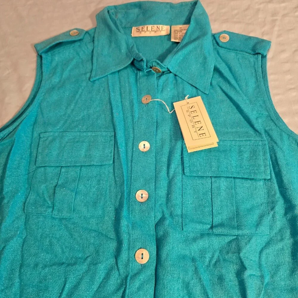 Shirt Women's Turquoise Sleeveless Silk Button Collar Selene Sport Med 1990s NWT - Picture 4 of 11
